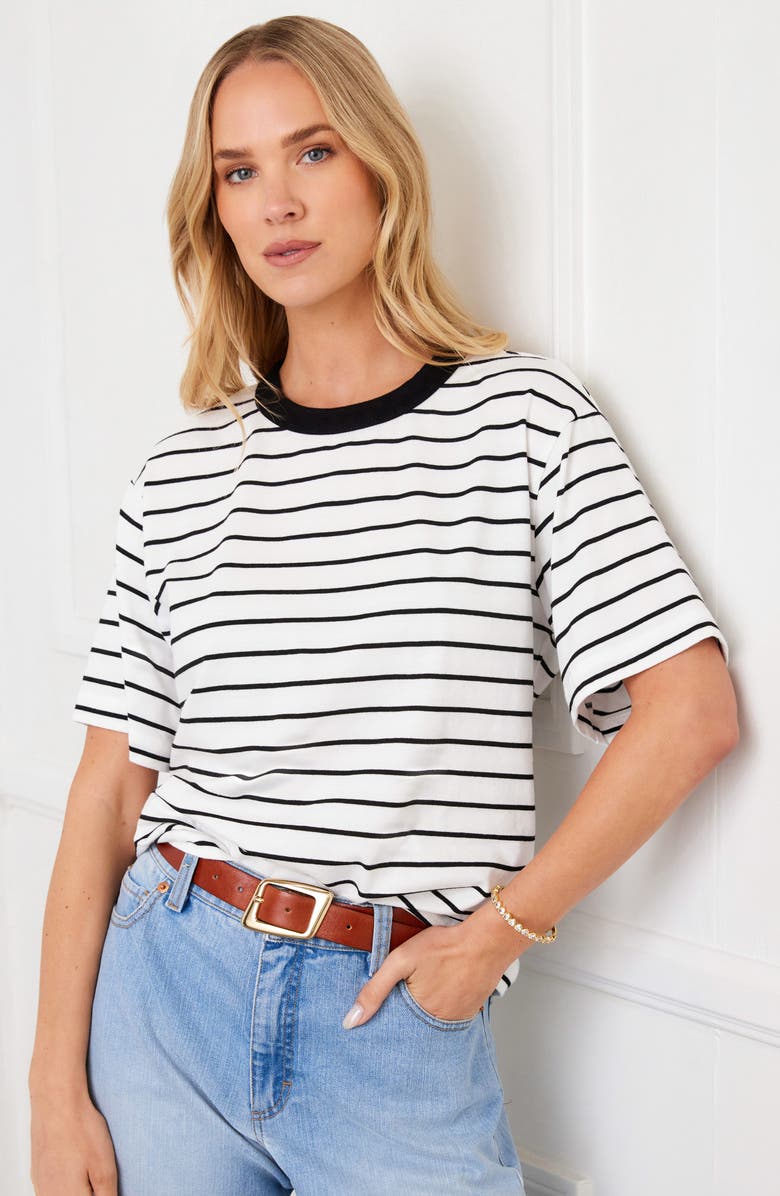Karen Kane Stripe Cotton Blend T-Shirt, Alternate, color, Off White/ Black