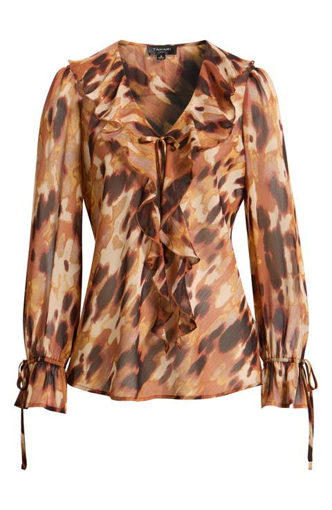 Print Ruffle Balloon Sleeve Top
