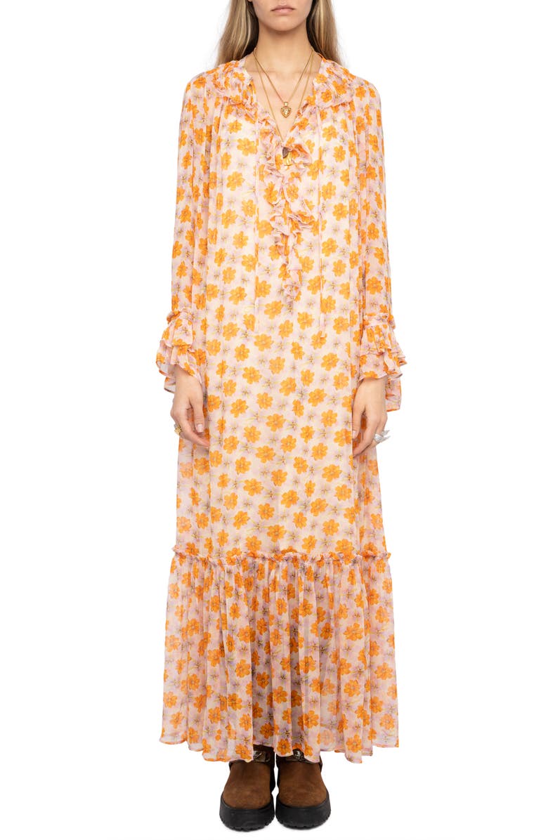 Zadig & Voltaire Floral Long Sleeve Maxi Dress, Main, color, Cream