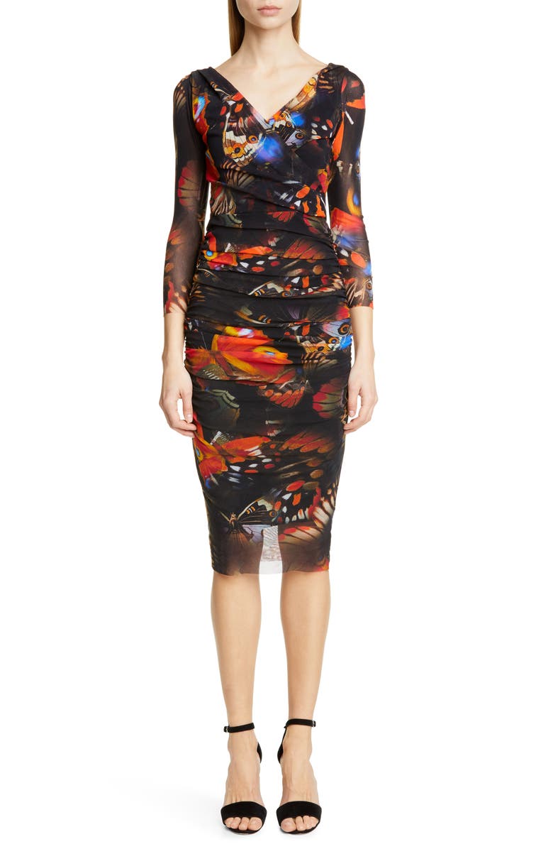 Fuzzi Butterfly Print Ruched Dress, Main, color,