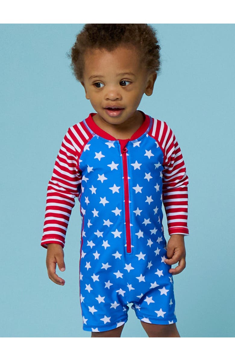 RuggedButts Boys Long Sleeve One Piece Rash Guard, Alternate, color, Stars & Stripes