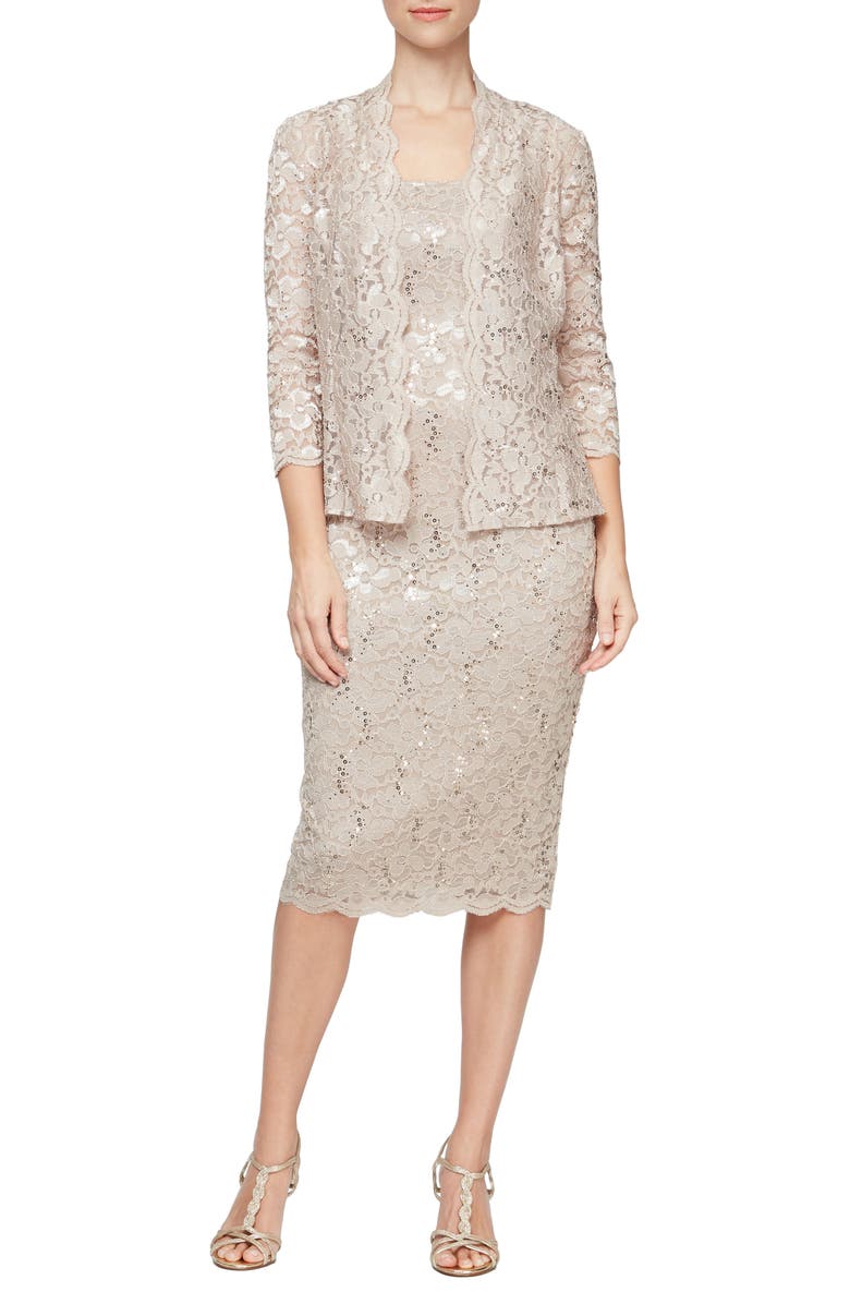 SL FASHIONS Lace Dress & Jacket Two-Piece Set, Main, color, Champagne