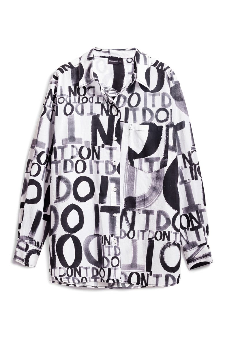 Oversize Lettering Button-Up Shirt, Main, color, BLACK