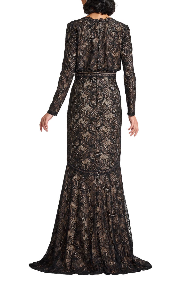 Long Sleeve Eyelash Lace Mermaid Gown, Alternate, color, BLACK/ BEIGE