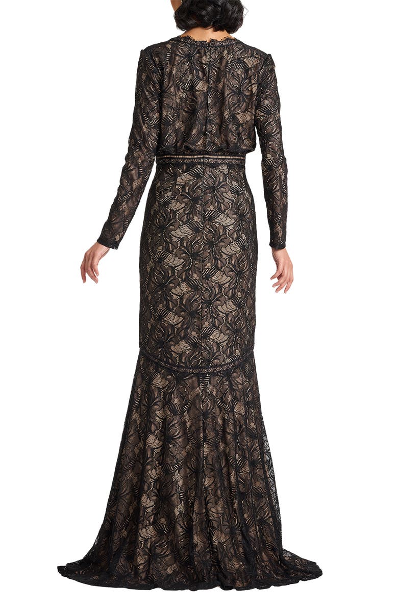 Tadashi Shoji Long Sleeve Eyelash Lace Mermaid Gown, Alternate, color, Black/ Beige