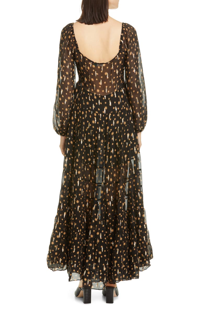 RIXO Cameron Star Print Long Sleeve Metallic Silk Maxi Dress, Alternate, color, 