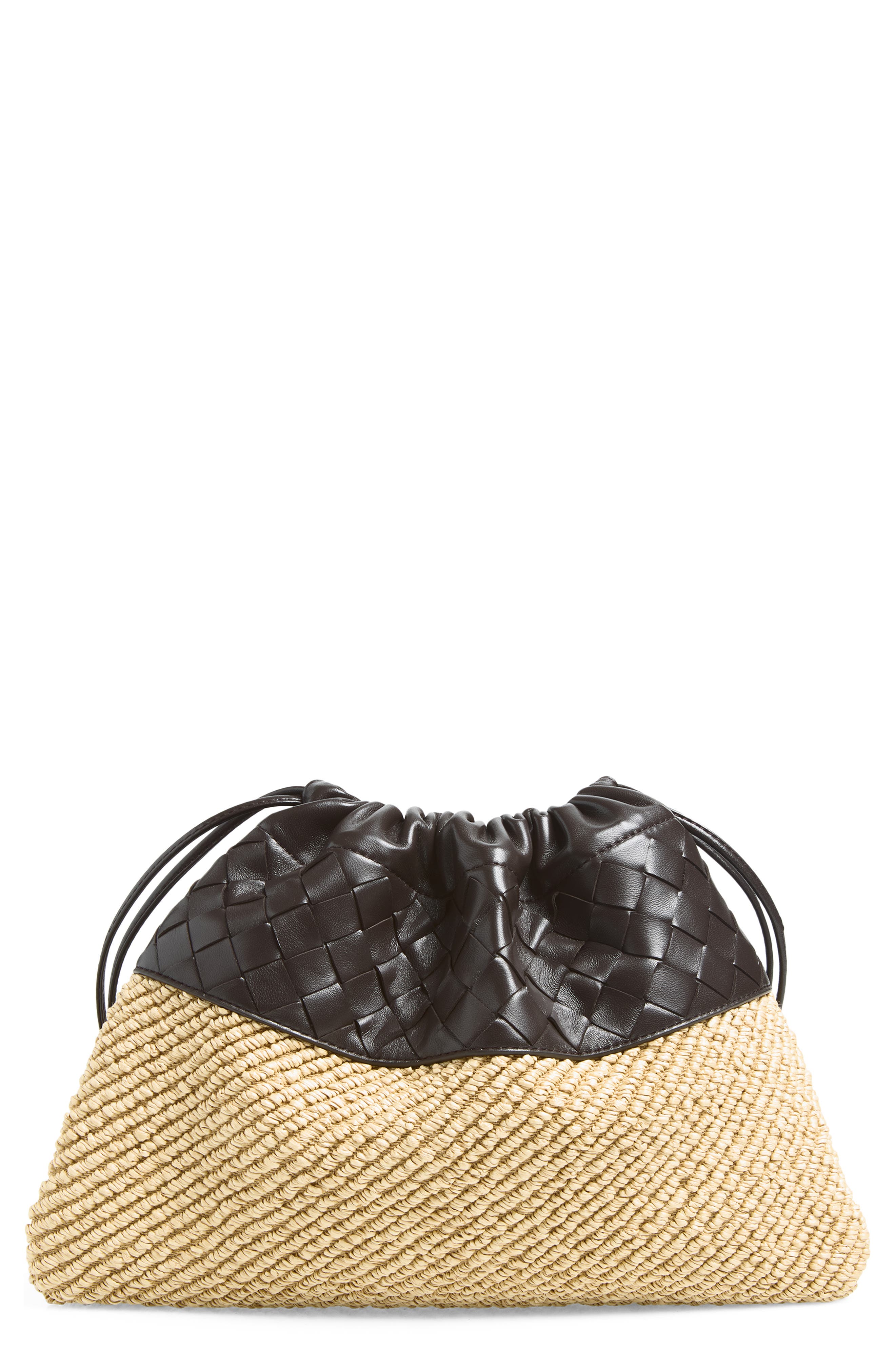 Bottega Veneta Medium Dustbag Intrecciato Leather & Raffia Clutch, Main, color, 9943 Natural/ Espresso-G