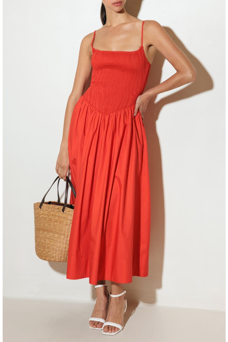 Smocked Cotton Midi Dress, Alternate, color, RED