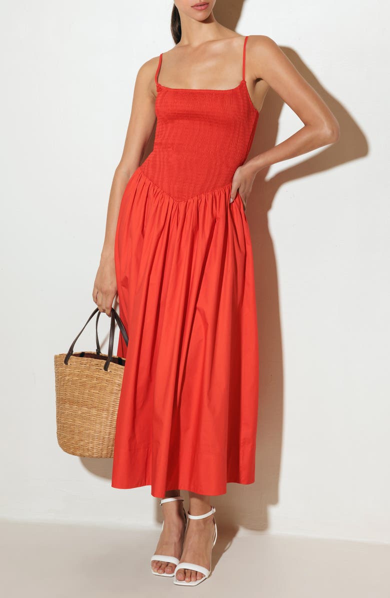 FREEMARKET Smocked Cotton Midi Dress, Alternate, color, Red