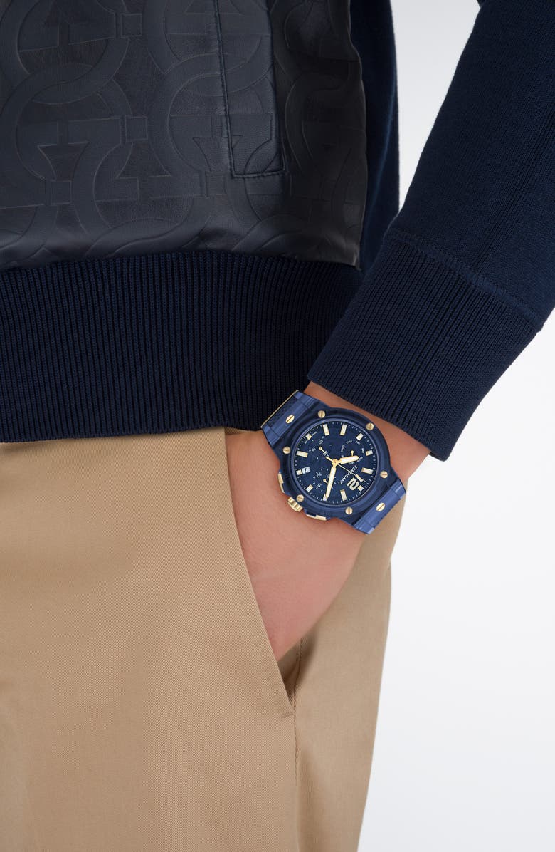 FERRAGAMO F-80 Translucent Chronograph Recycled Polyurthane Strap Watch, 44mm, Alternate, color, Blue