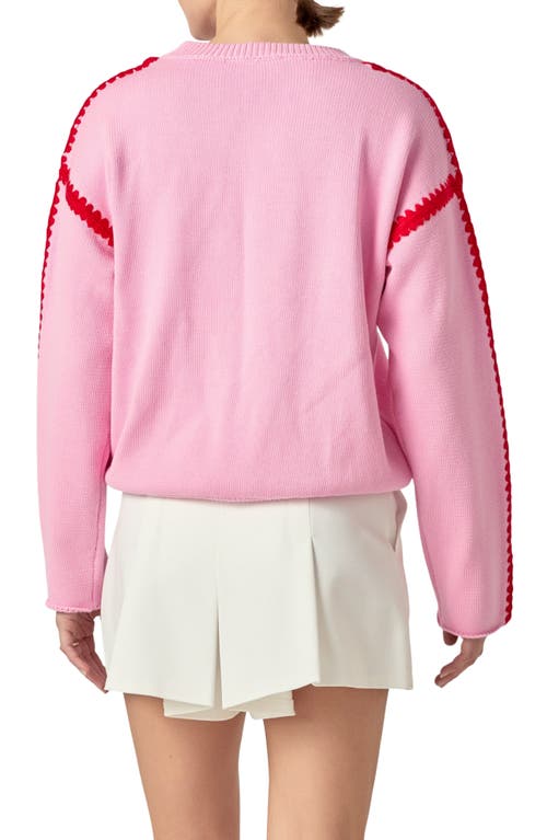 English Factory Stitch Detail Relaxed Fit Cotton Sweater In Pink