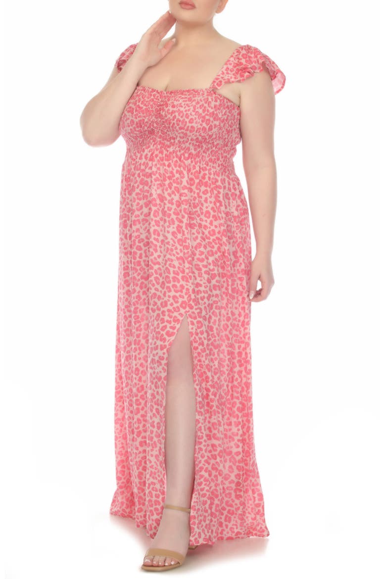 Smocked Flutter Sleeve Maxi Dress, Alternate, color, PINK ANIMAL