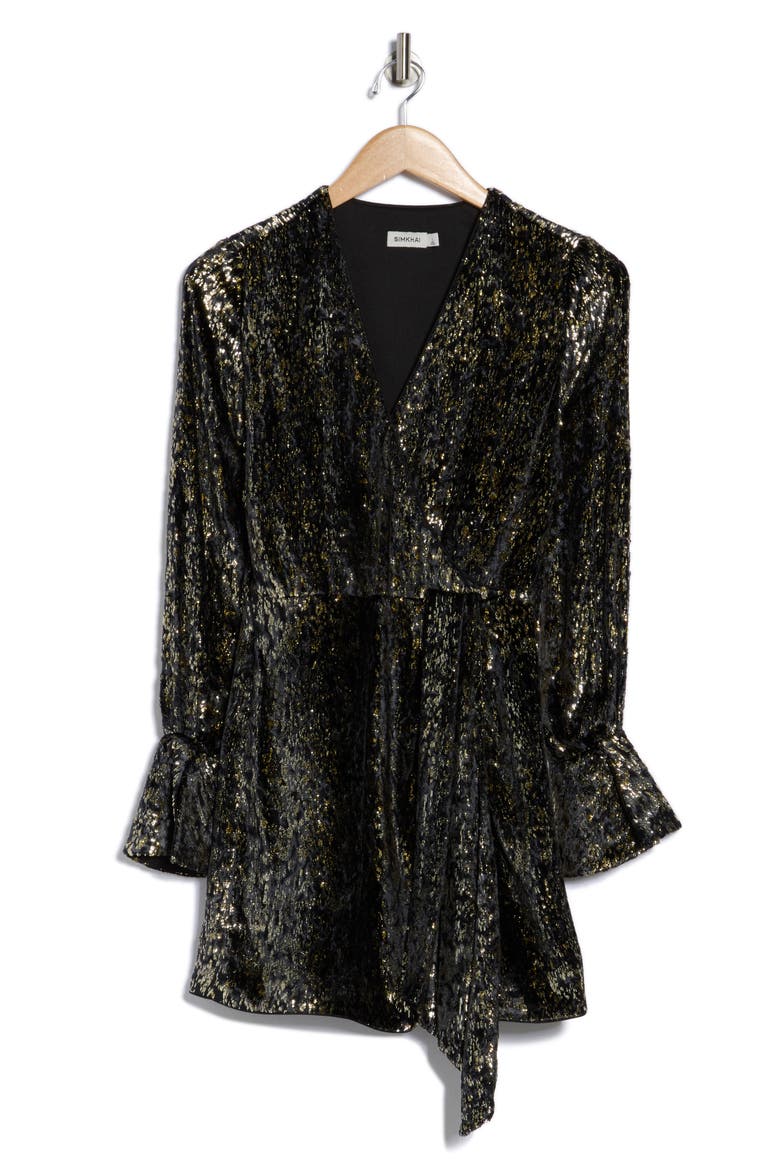 Camryn Long Sleeve Faux Wrap Minidress, Alternate, color, BLACK/ GOLD METALLIC