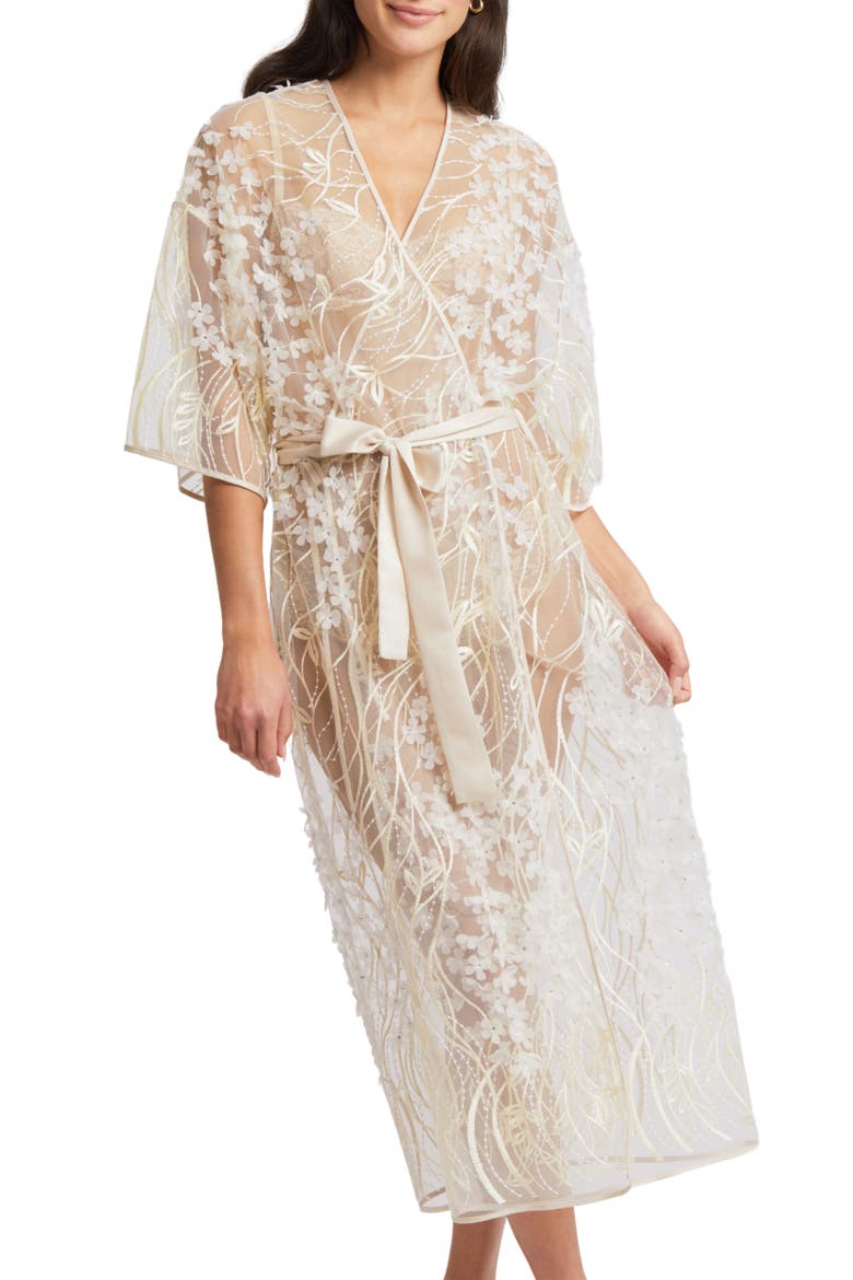 Kiss Flower Appliqué Robe, Alternate, color, CHAMPAGNE