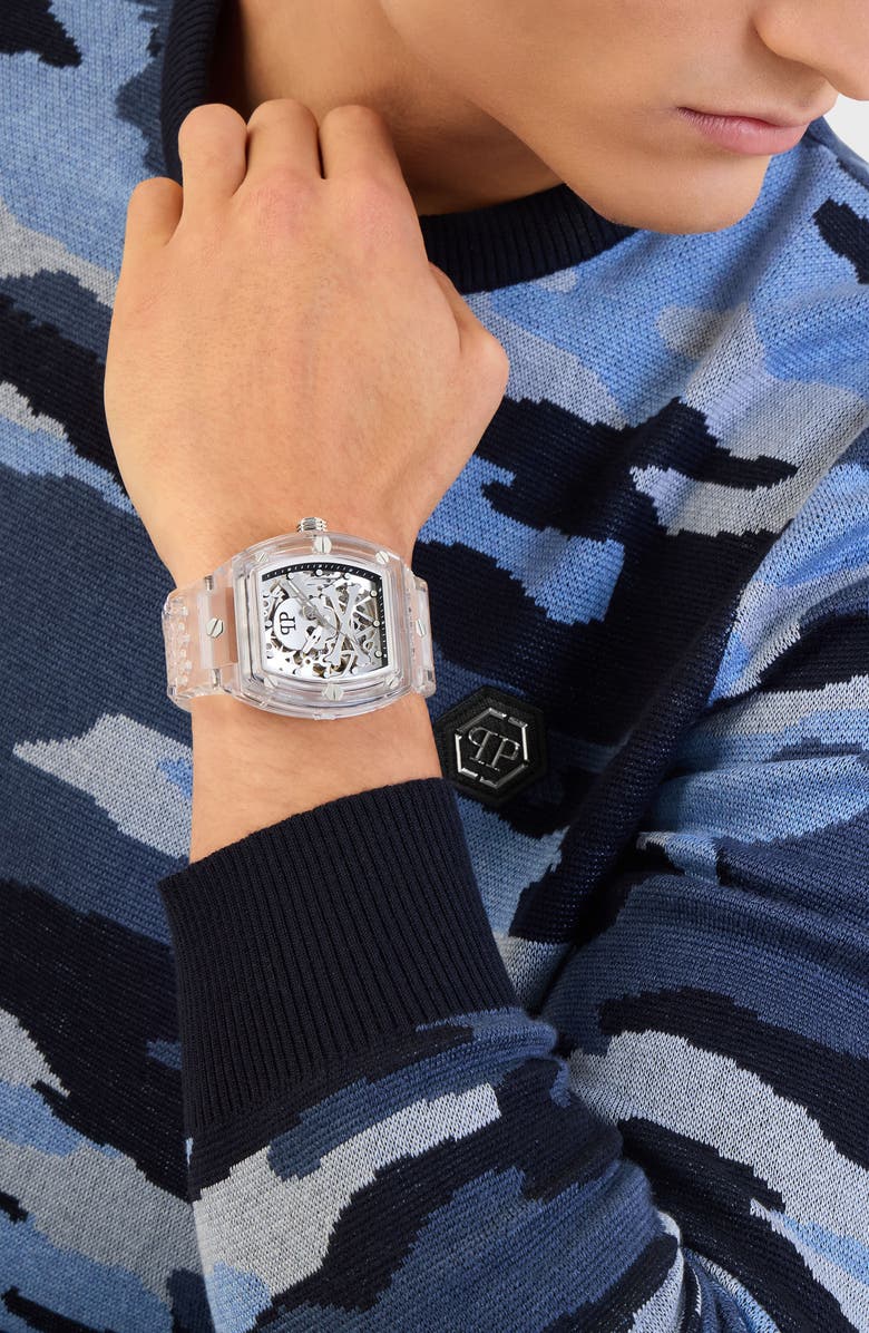 PHILIPP PLEIN The $keleton Silicone Strap Watch, 38mm, Alternate, color, Transparent Bio Nylon