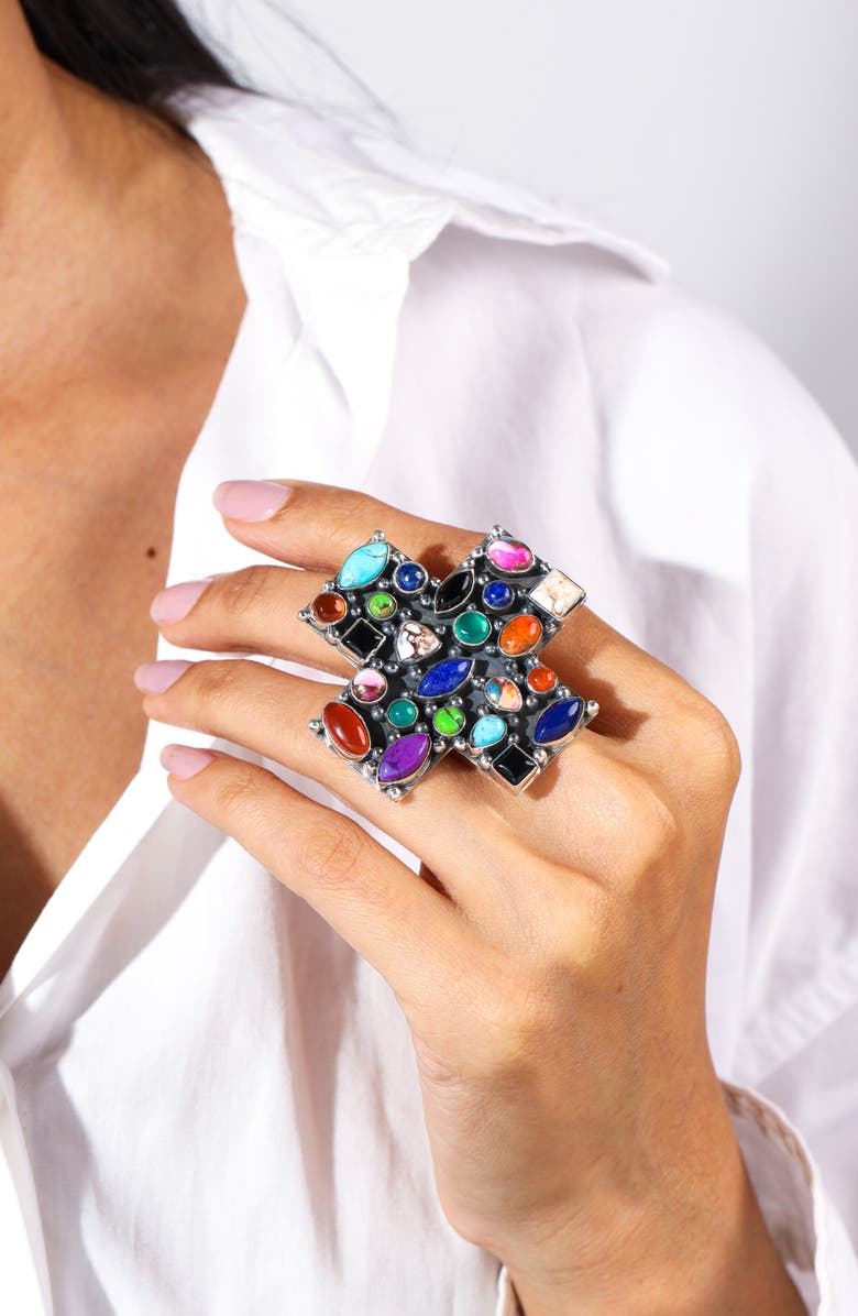 YS GEMS Sterling Silver Semiprecious Stone Cross Ring, Alternate, color, Silver Multi