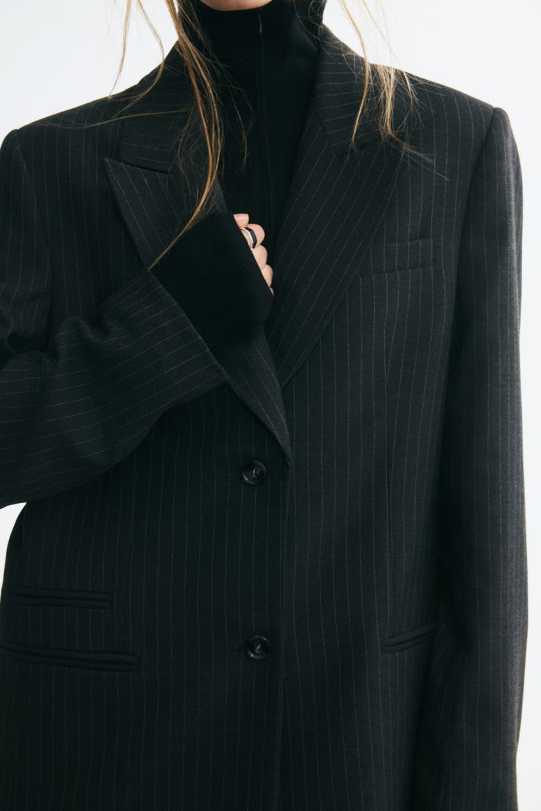 Long Jacket With Shoulder Pads, Alternate, color, Dark gray melange/pinstriped