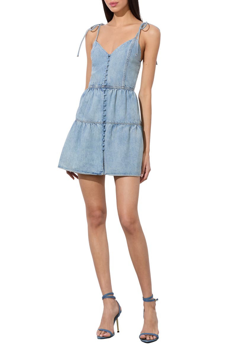 Alice + Olivia Shanti Button Front Tiered Denim Minidress, Alternate, color,