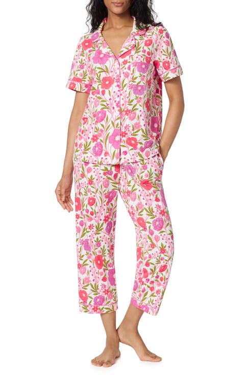 Print Stretch Cotton Jersey Crop Pajamas (Regular & Plus)