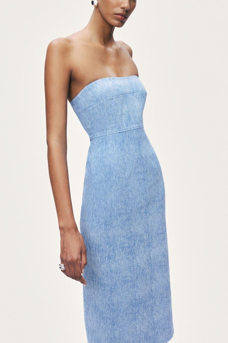 Stone-Detail Strapless Midi Dress, Alternate, color, Blue