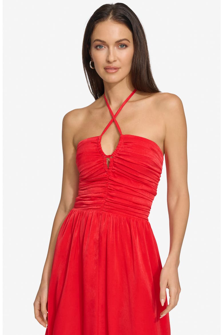 Ruched Halter Satin Maxi Dress, Alternate, color, FLAME