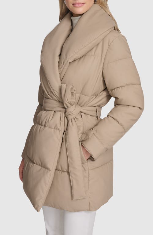 Andrew Marc Adela Faux Leather Shawl Collar Quilted Wrap Coat In Neutral