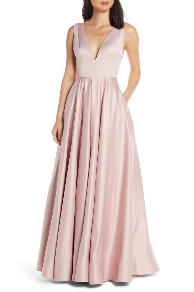 Plunging V-Neck Ballgown, Main, color, BLUSH