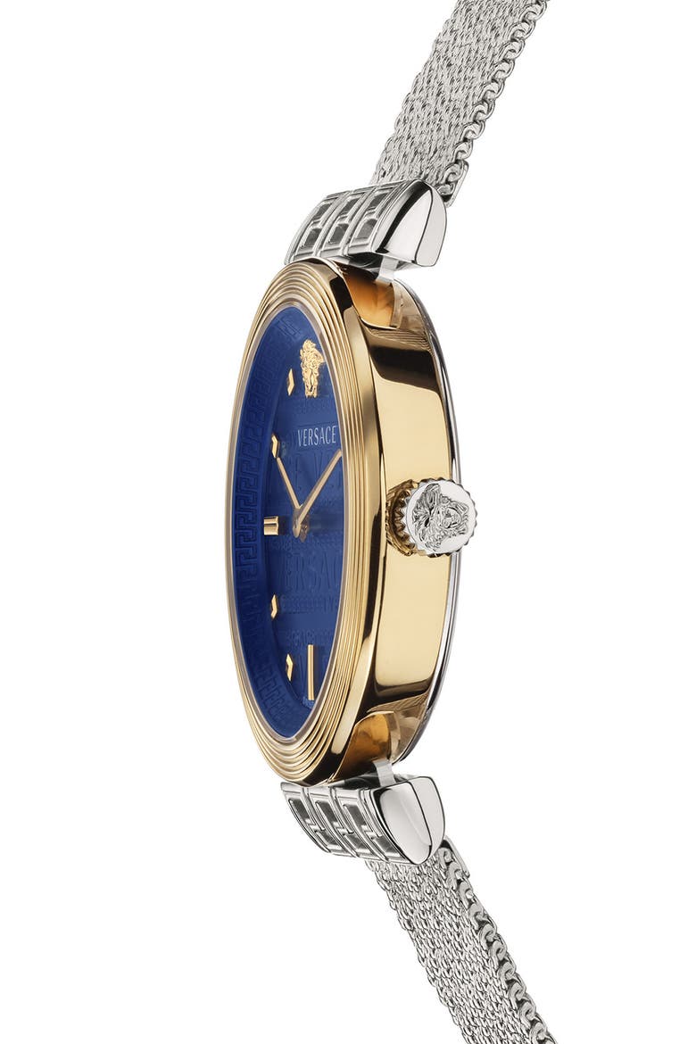 Greca Detailed Mesh Band Watch, 34mm, Alternate, color, SILVER/ BLUE/