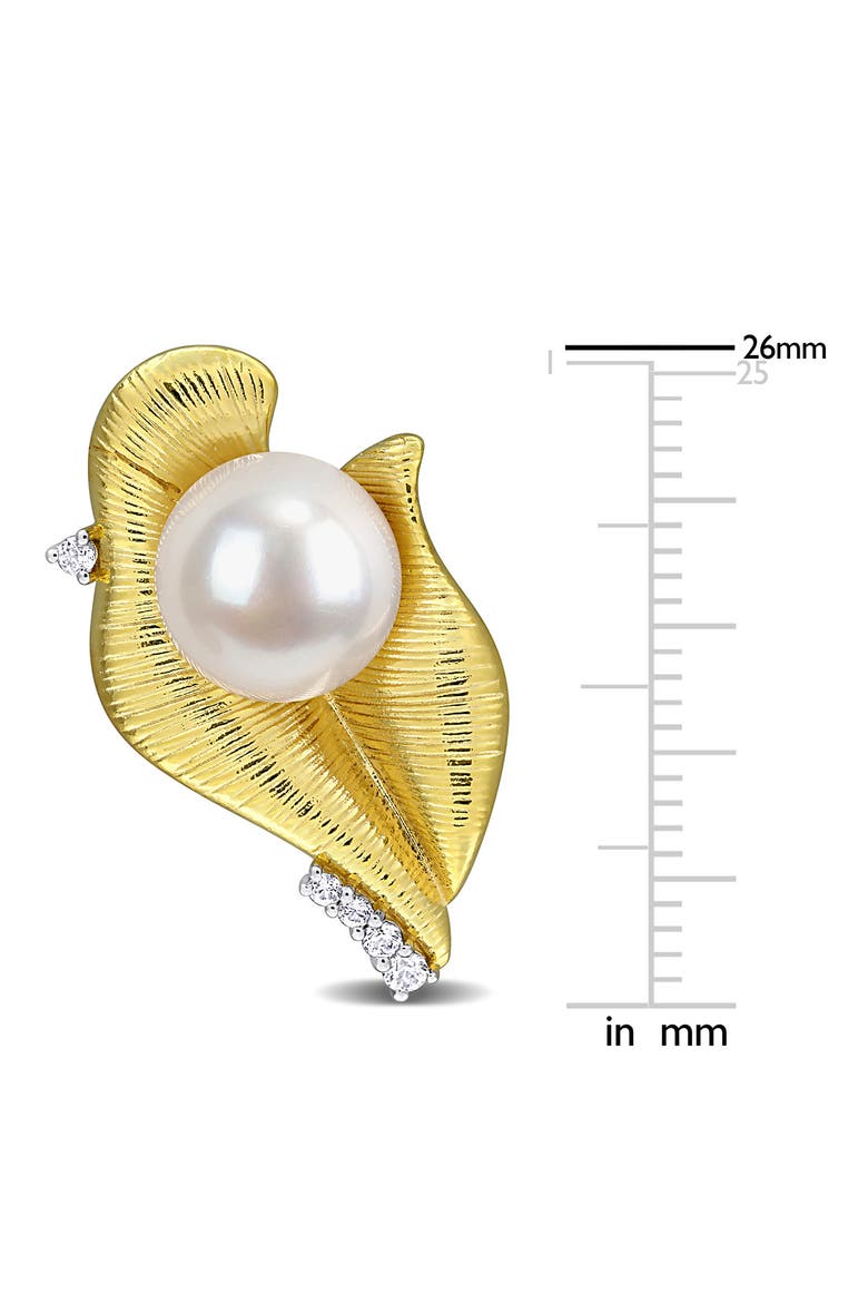 Sterling Silver Lab Created White Sapphire & Pearl Leaf Stud Earrings, Alternate, color, WHITE GOLD