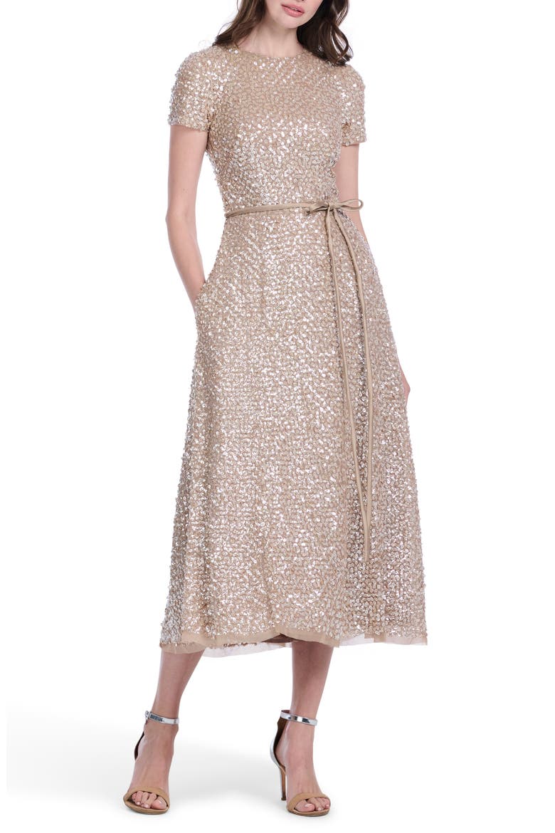 Sequin Encrusted Translucent Tie Waist Cocktail Dress, Alternate, color, SUNTAN