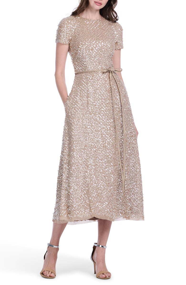 EMILY SHALANT Sequin Encrusted Translucent Tie Waist Cocktail Dress, Alternate, color, 