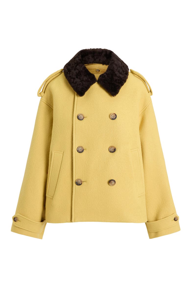 Double Breasted Coat with Genuine Shearling Collar, Alternate, color, YELLOW