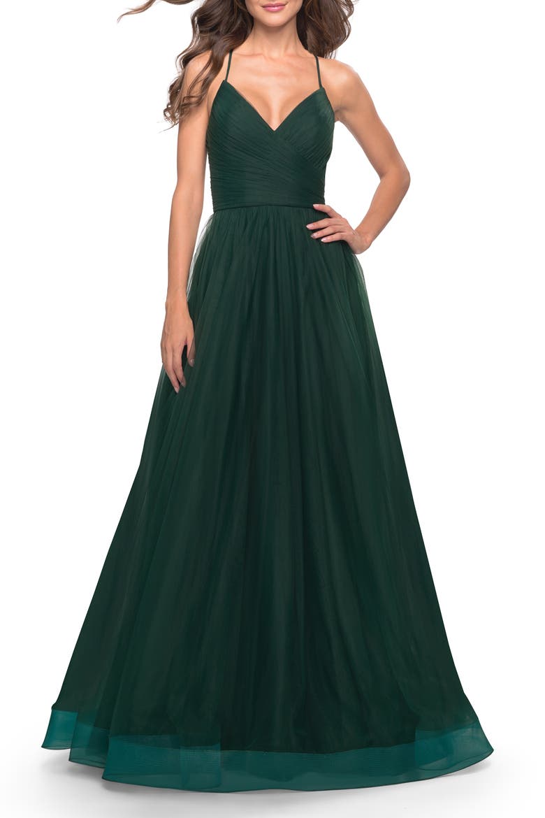 Long Tulle A-line Gown with Side Slit and Pockets, Main, color, Dark Emerald
