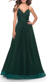 La Femme Long Tulle A-line Gown with Side Slit and Pockets