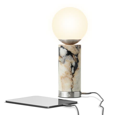 Aspen 11" Led Marble Table Lamp With Frosted Glass Globe Shade And Charging Usb Port