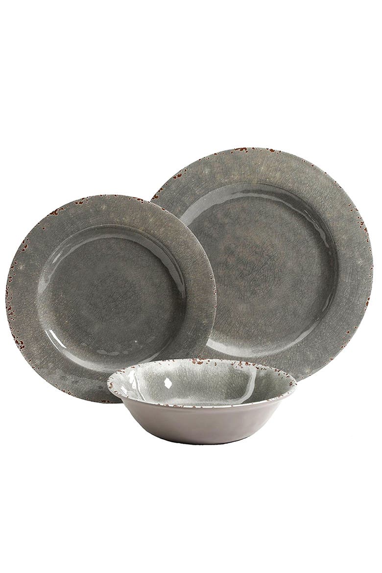Mauna 12 piece Dinnerware Set in  Gray Crackle Look Decal, Alternate, color, Grey