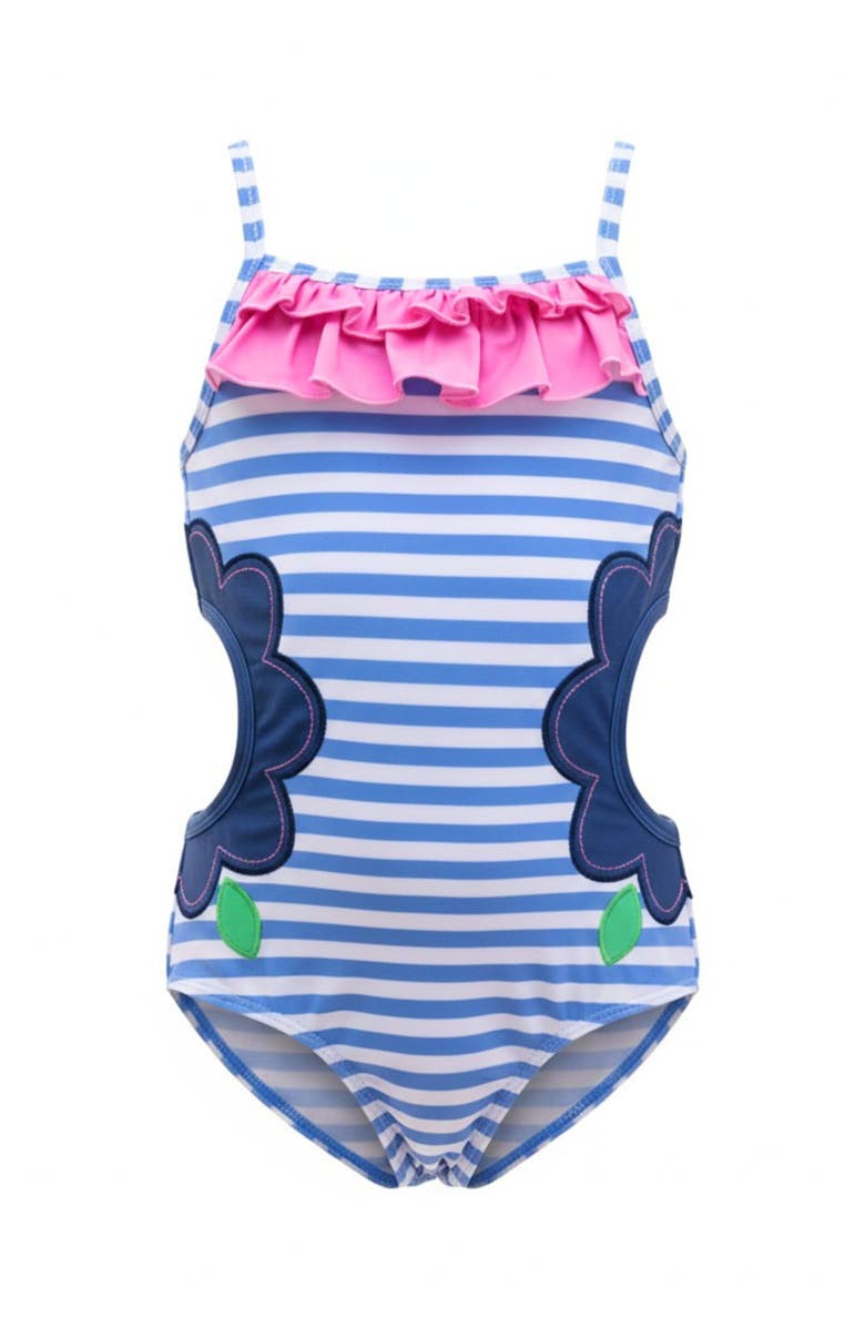 Mia Belle Girls Nautical Blossom Stripe One-Piece Swimsuit, Main, color, Blue