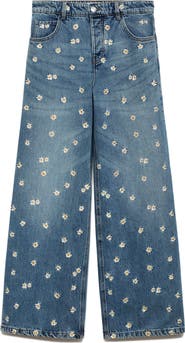 MANGO Massy Daisy Embroidered Wide Leg Jeans