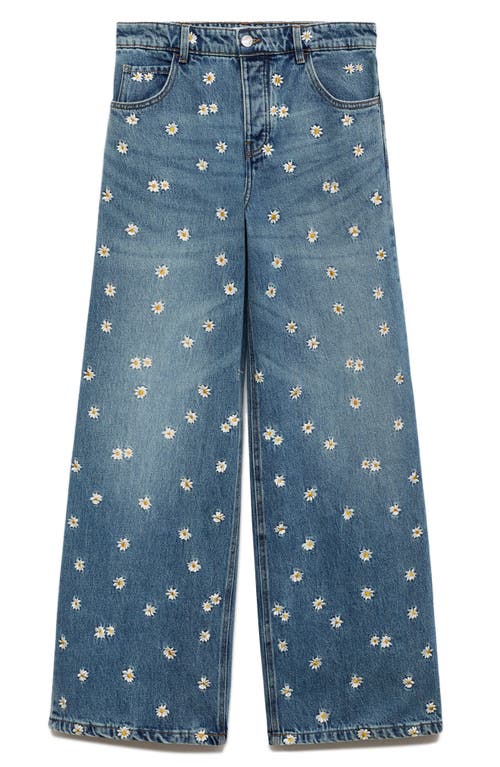 Mango Massy Daisy Embroidered Wide Leg Jeans In Medium Blue