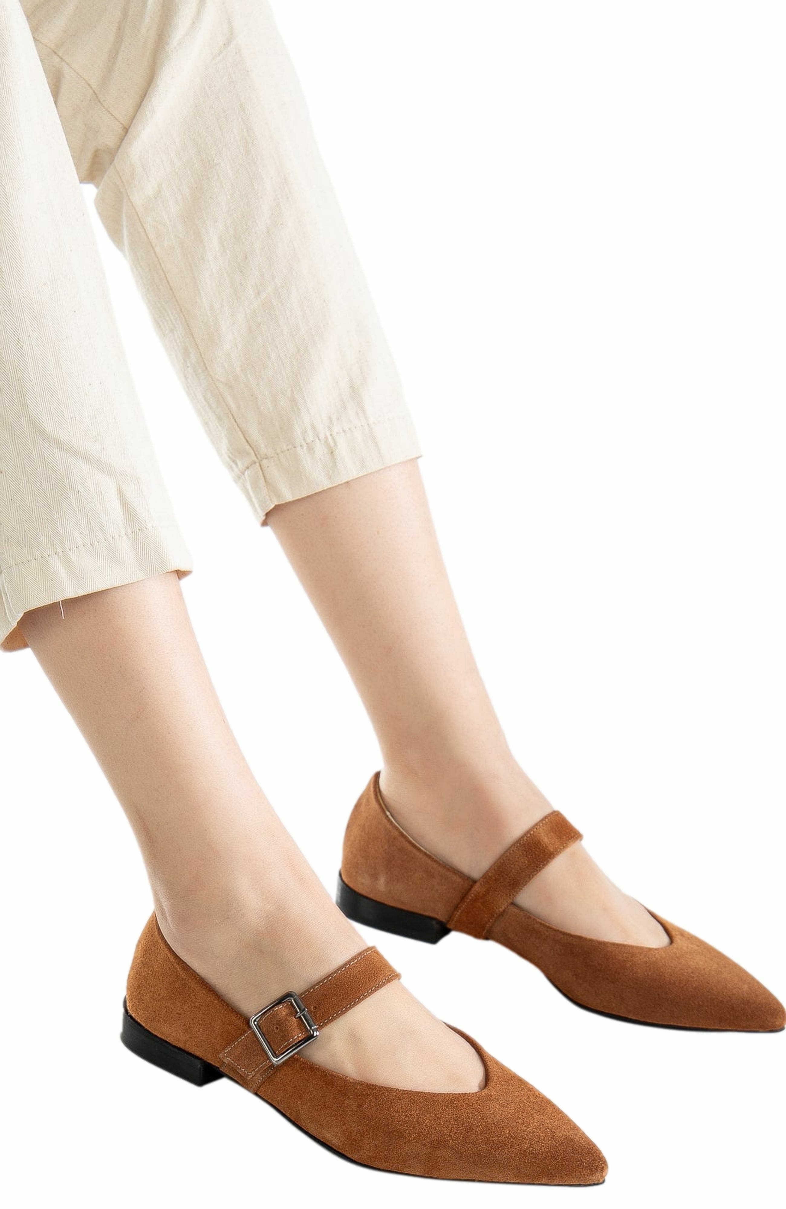 Willow Leather Mary Jane Flats, Alternate, color, Cognac Suede Leather