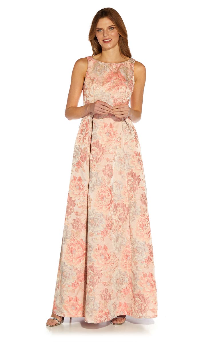 Adrianna Papell Floral Metallic Jacquard Evening Gown, Alternate, color, 