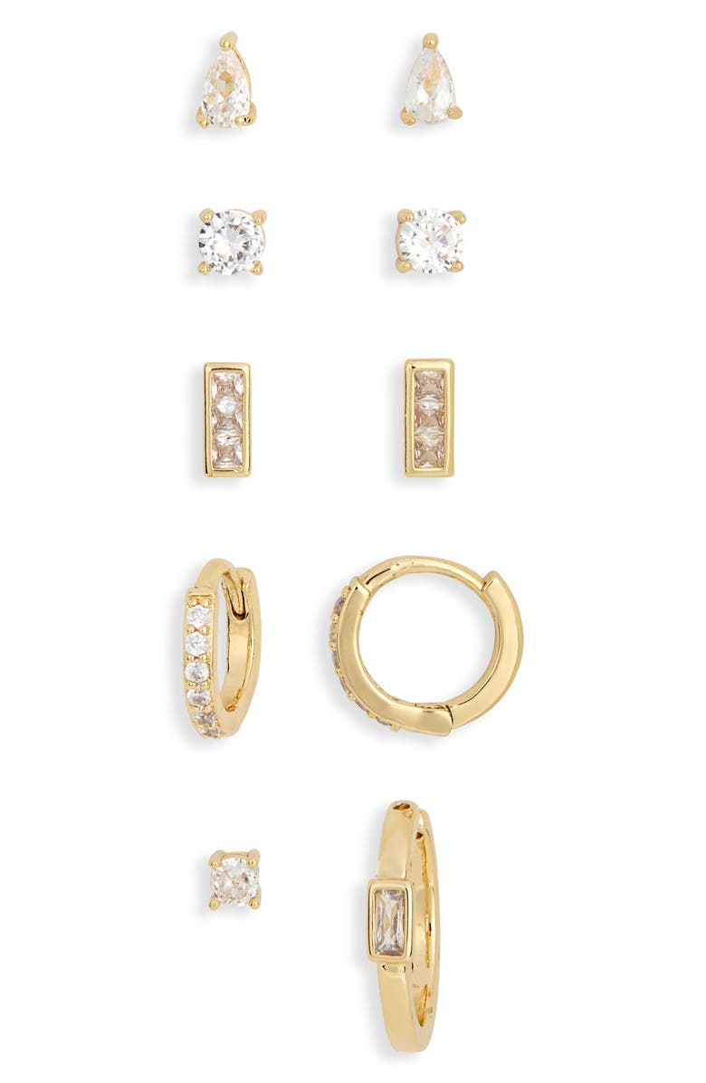 Leith Set of 5 Assorted Cubic Zirconia Earrings, Alternate, color, Clear- Gold