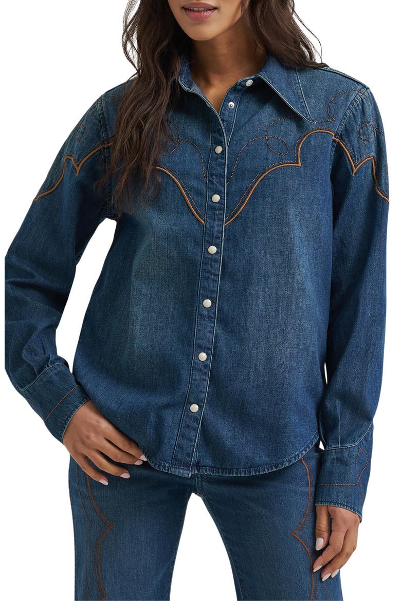 Tess Dramatic Collar Western Denim Shirt, Main, color, SALOON SHADOW