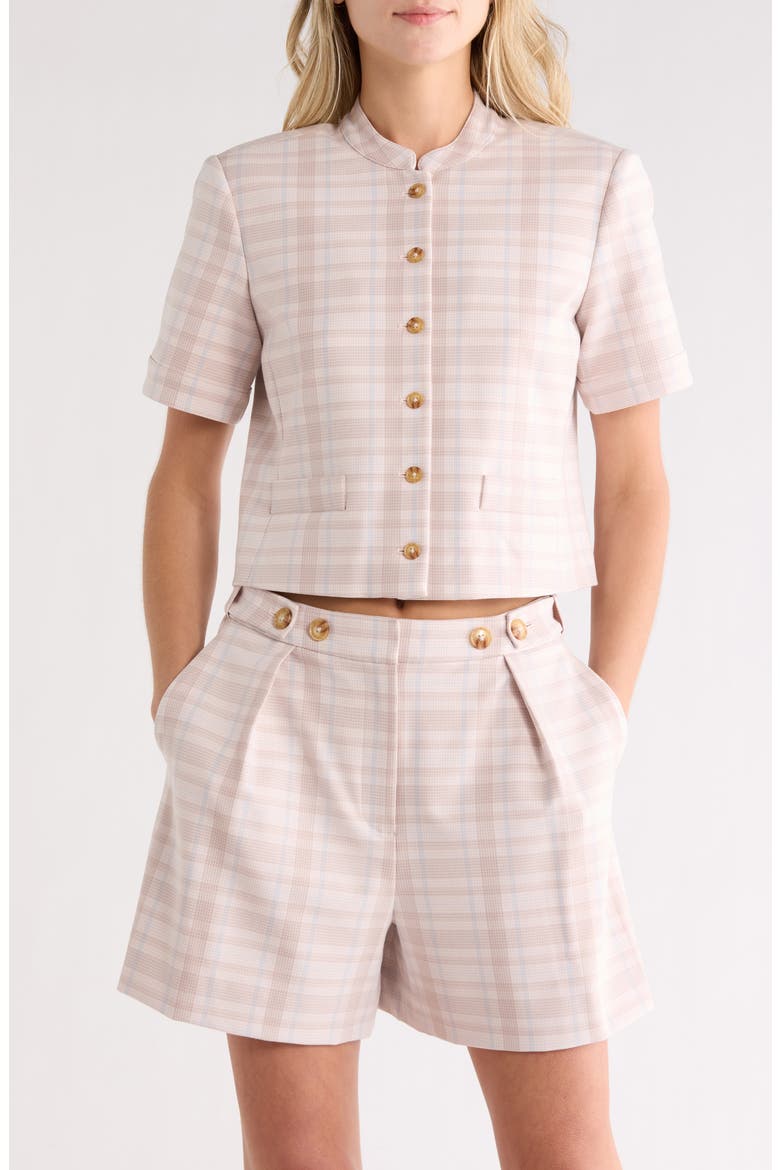 Grace Plaid Short Sleeve Jacket, Main, color, TAUPE/ BLUE PLAID