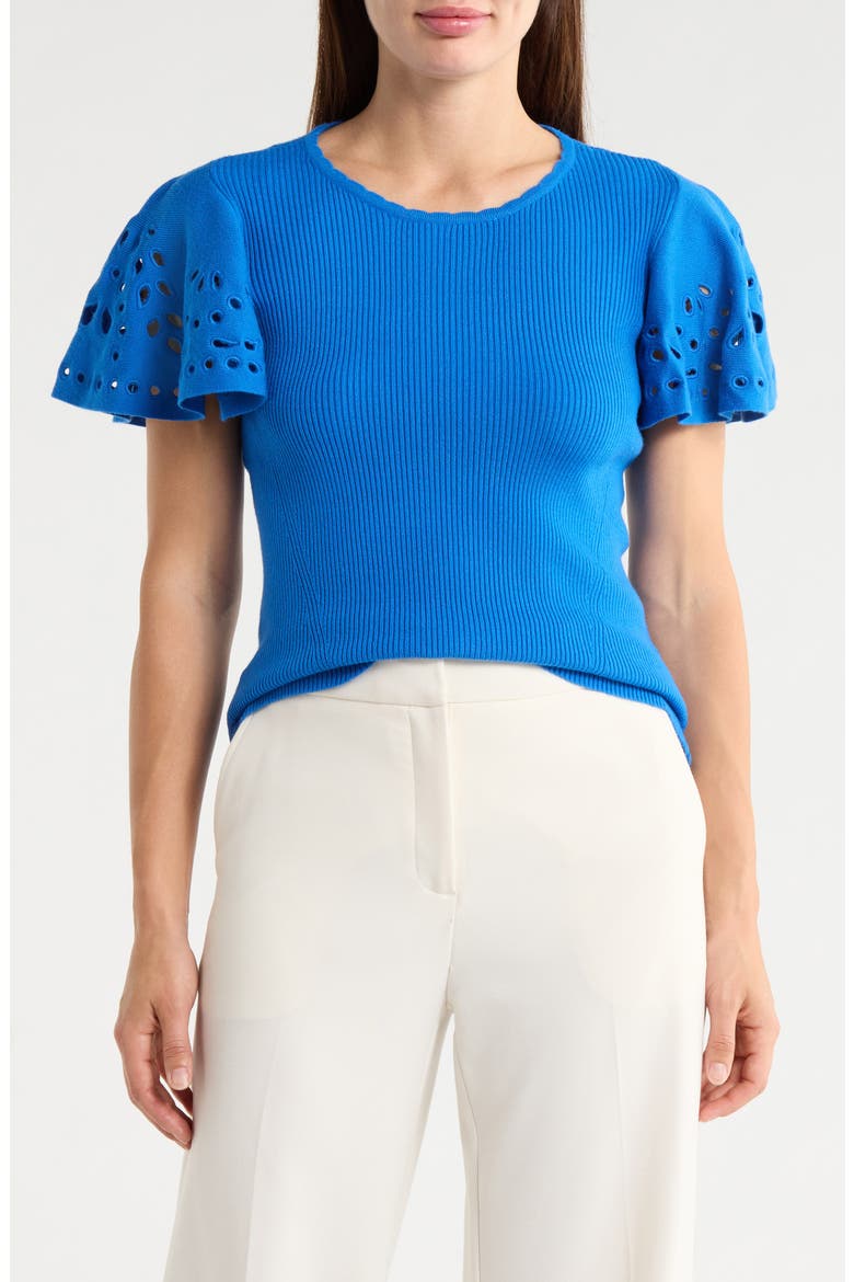 Embroidered Eyelet Short Sleeve Sweater, Main, color, BLUE BLISS