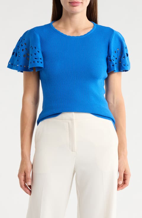 Embroidered Eyelet Short Sleeve Sweater