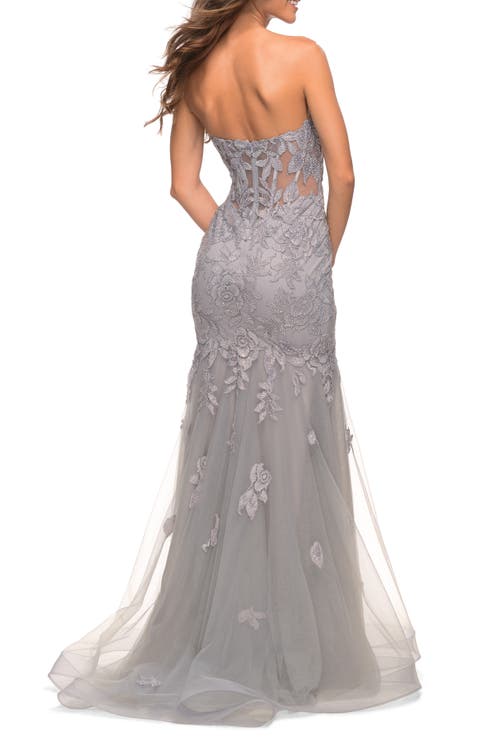 La Femme Mermaid Strapless Elegant Lace And Tulle Gown In Silver