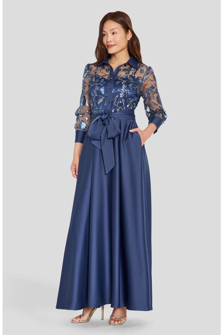Sequin Long Sleeve Gown, Alternate, color, MARINE