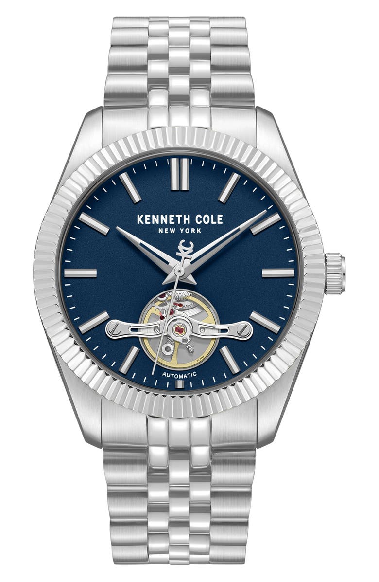 Kenneth Cole New York Open Heart Automatic Bracelet Watch, 43mm, Main, color, Silver