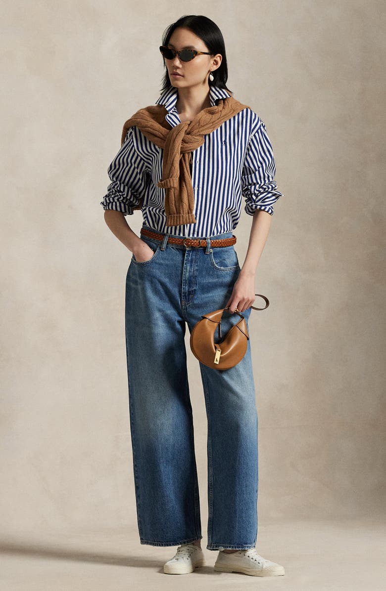 Polo Ralph Lauren Stripe Relaxed Fit Cotton Button-Up Shirt, Alternate, color, 1323 Fall Royal/ White